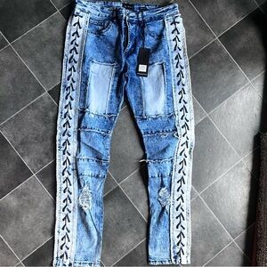 Waimea Men 34x32 Distressed Skinny Jeans Lace Up Patchwork Stretch NWT Acid Wash